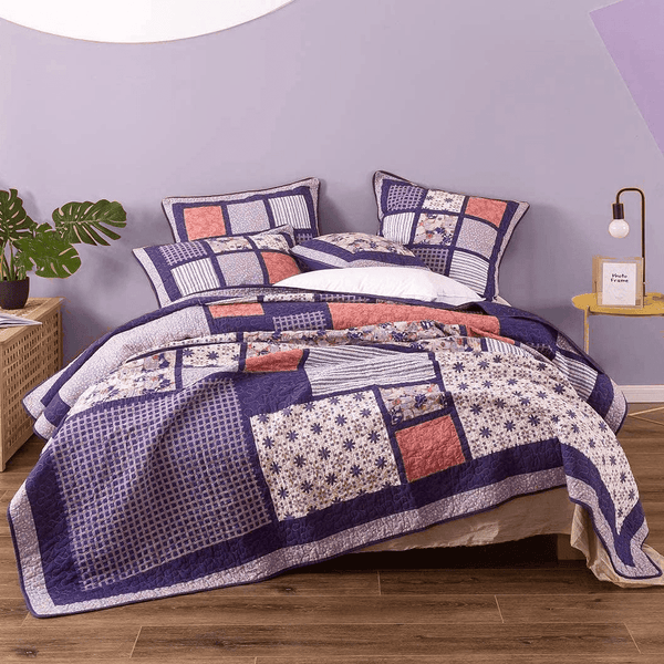 Peachy Pink Floral Blossoms Plum Purple Patchwork Quilted Bedspread Set - Designed in USA (JHW877)
