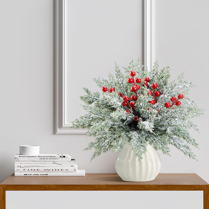 45 Pcs Christmas Artificial Pine Branches with Red Berry Stems, 10.5"