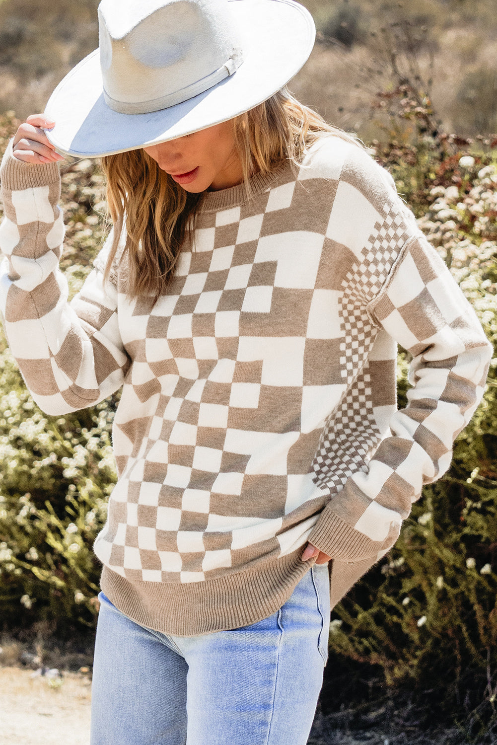 Carrot Checkered Drop Shoulder Round Neck Sweater