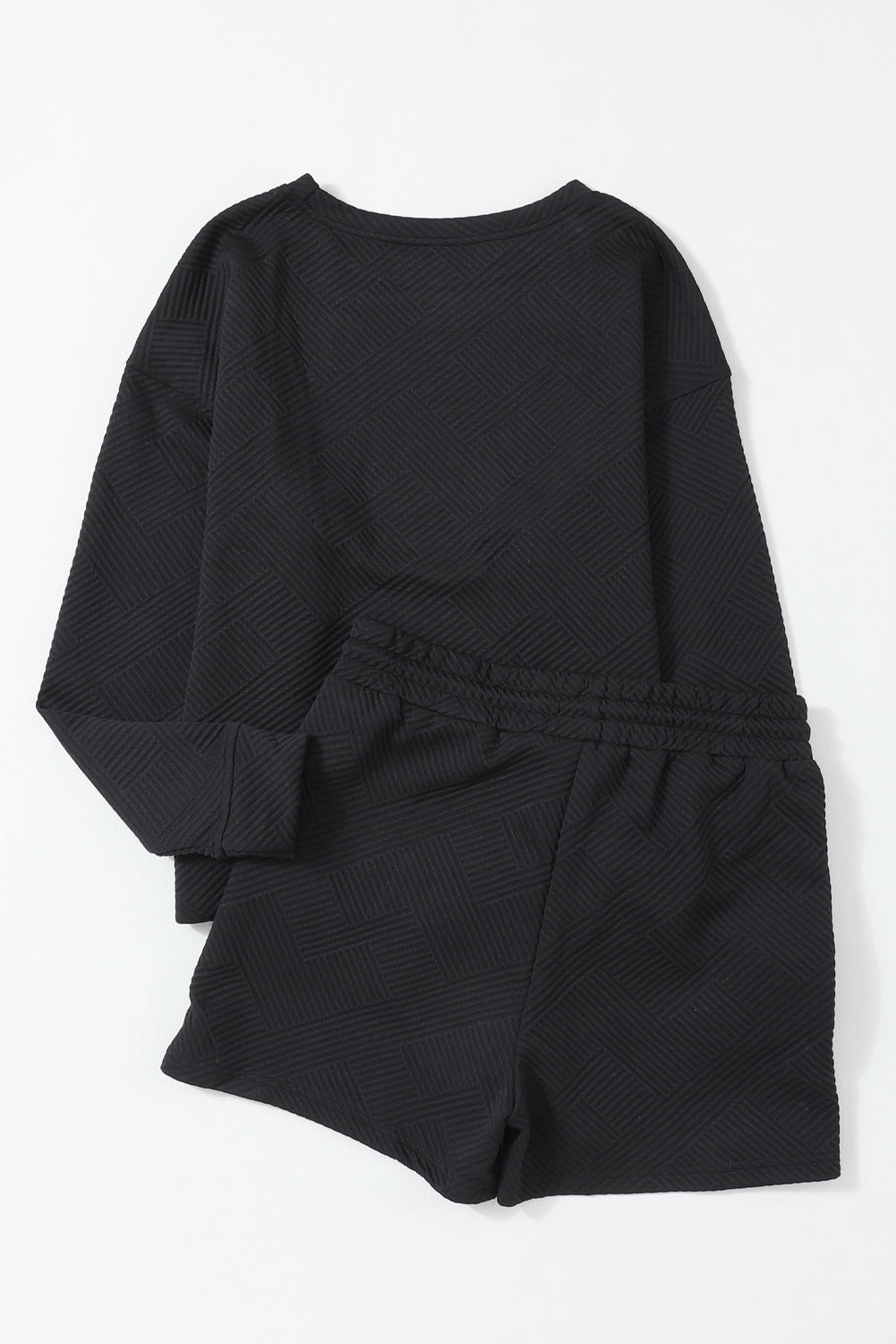 Black Textured Long Sleeve Top & Drawstring Shorts Set