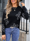 Angel Wings Flower Round Neck Dropped Shoulder Sweater - Cocoa Yacht Club