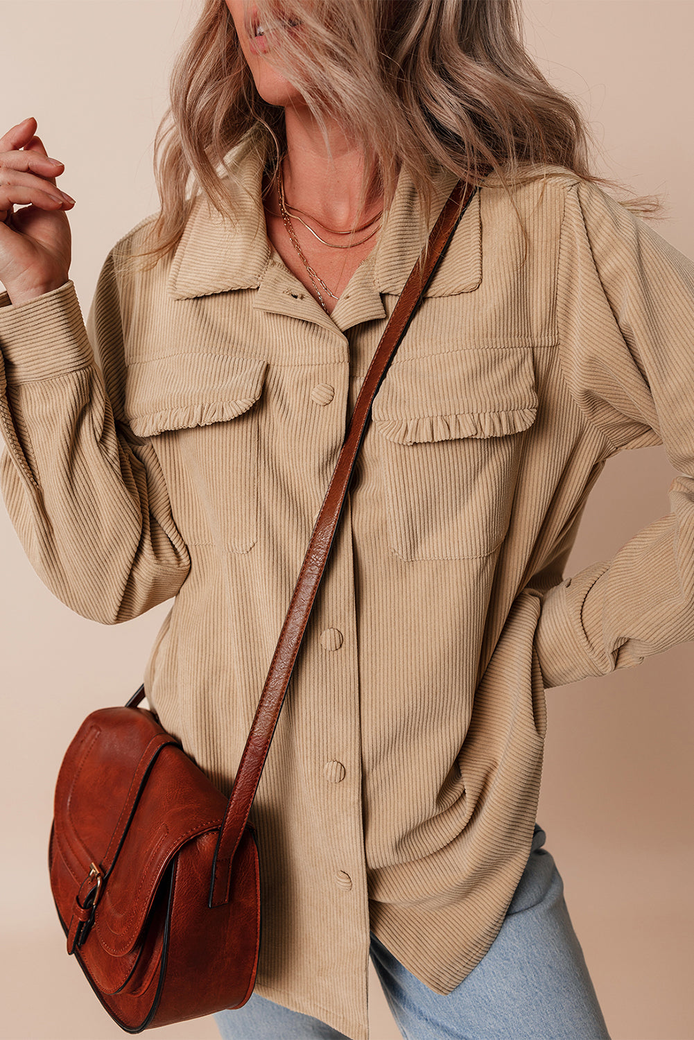 Light French Beige Corduroy Frilled Flap Pocket Button Up Shacket