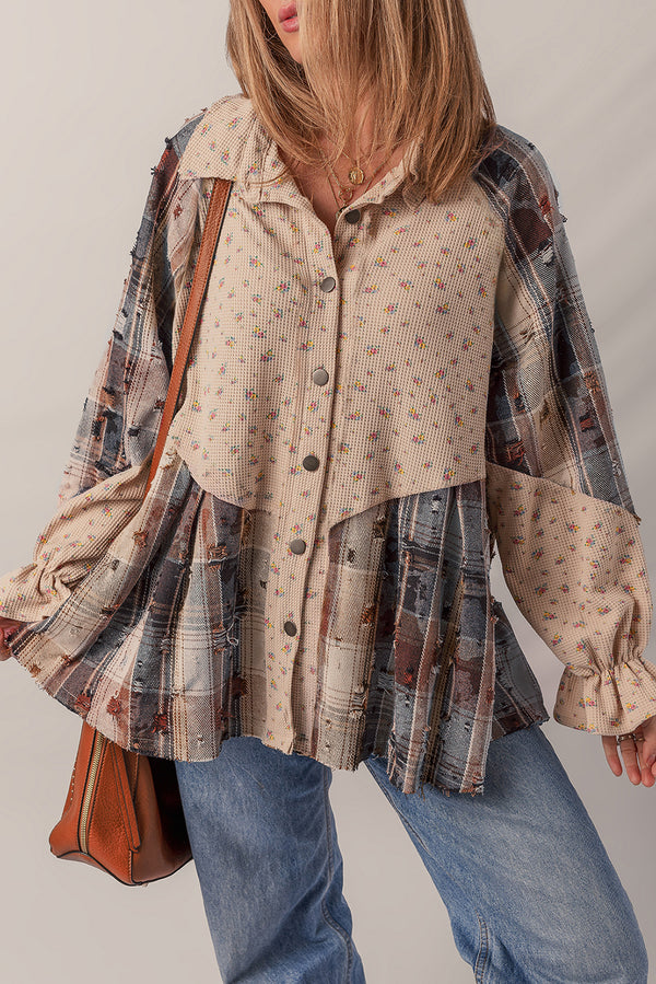 Ashleigh Blue Floral Plaid Patchwork Waffle Distressed Jacket
