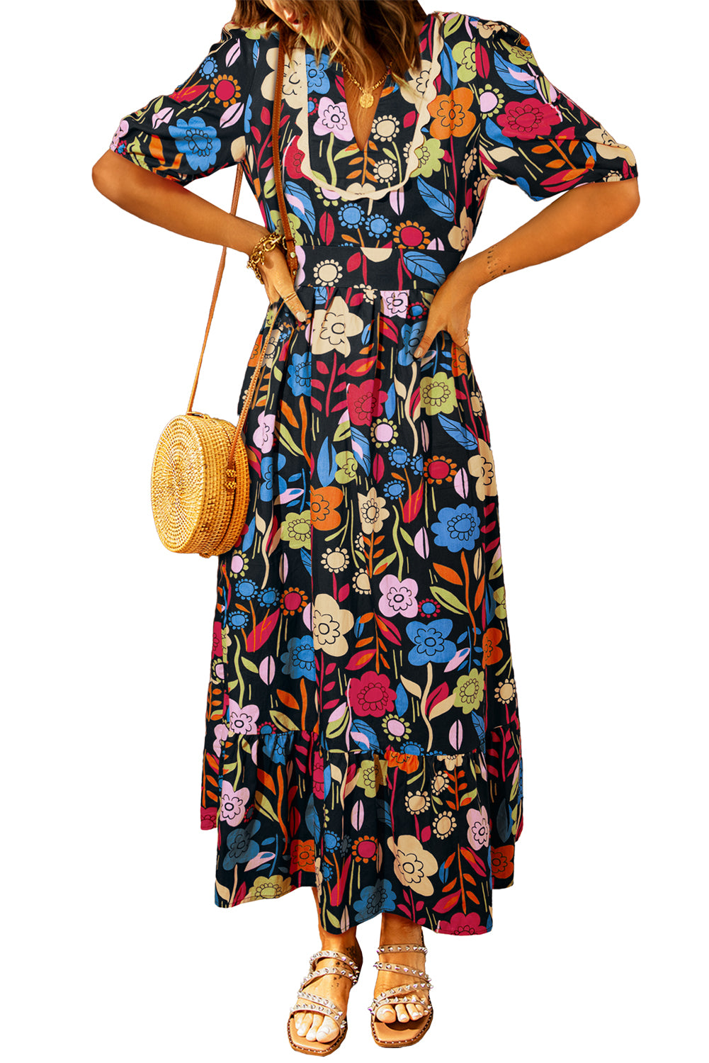 Green Floral Print Split V Neck Puff Sleeve Maxi Dress