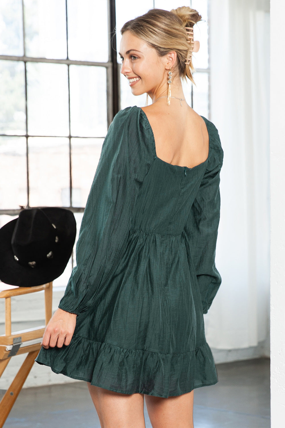 Green Solid Color Flounce Hem A -Line Square Neck Dress