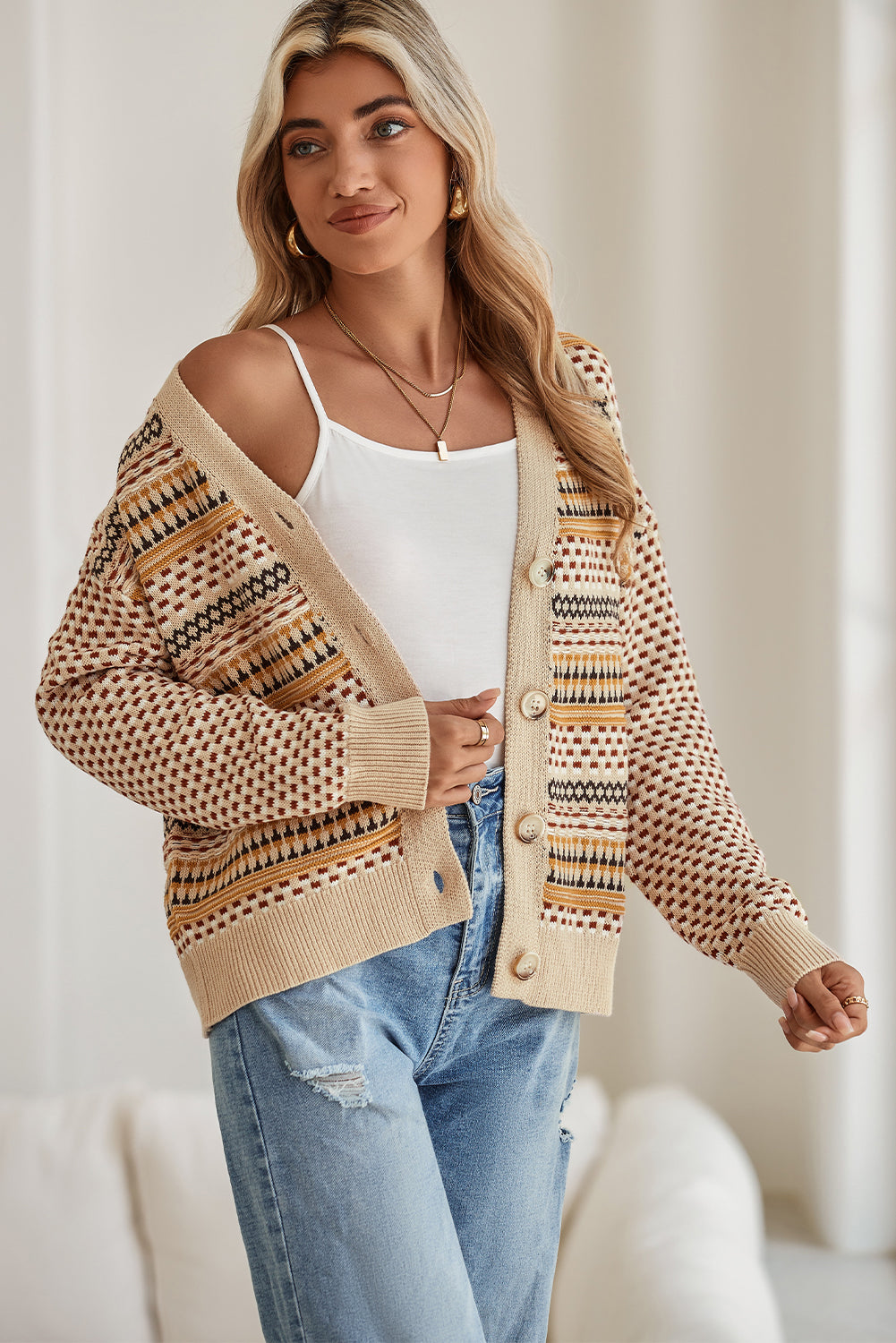 Khaki Geometric Pattern Button Front V Neck Cropped Cardigan