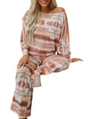 Multicolour Geometric Print Puff Sleeve Pullover and Pants Lounge Outfit