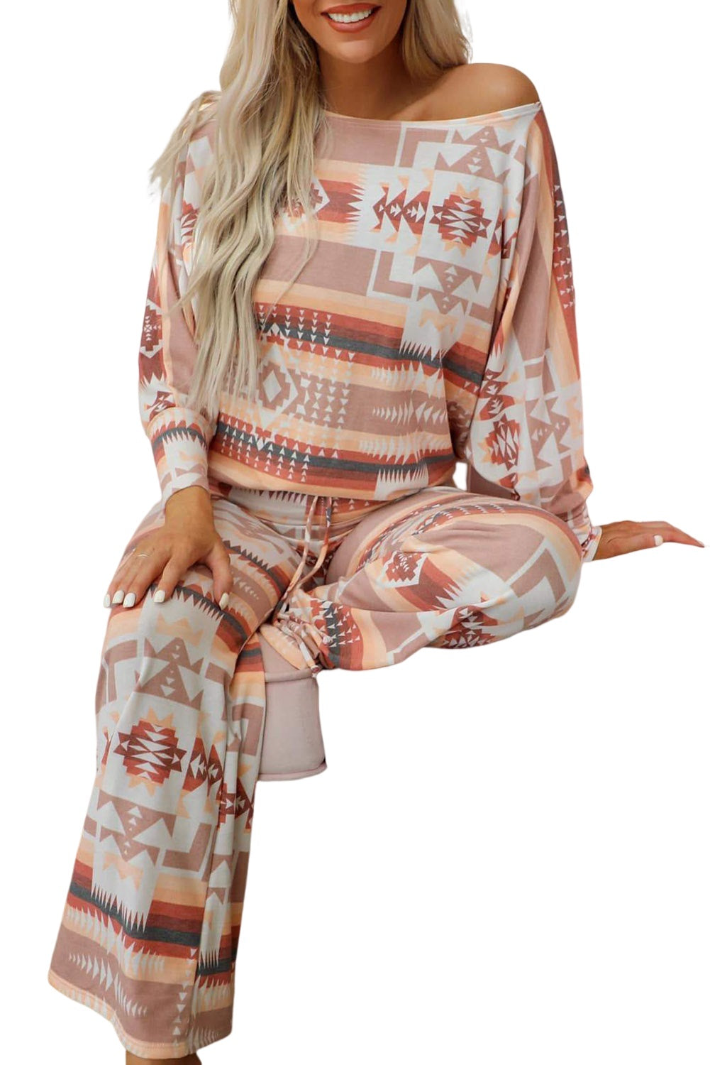 Multicolour Geometric Print Puff Sleeve Pullover and Pants Lounge Outfit