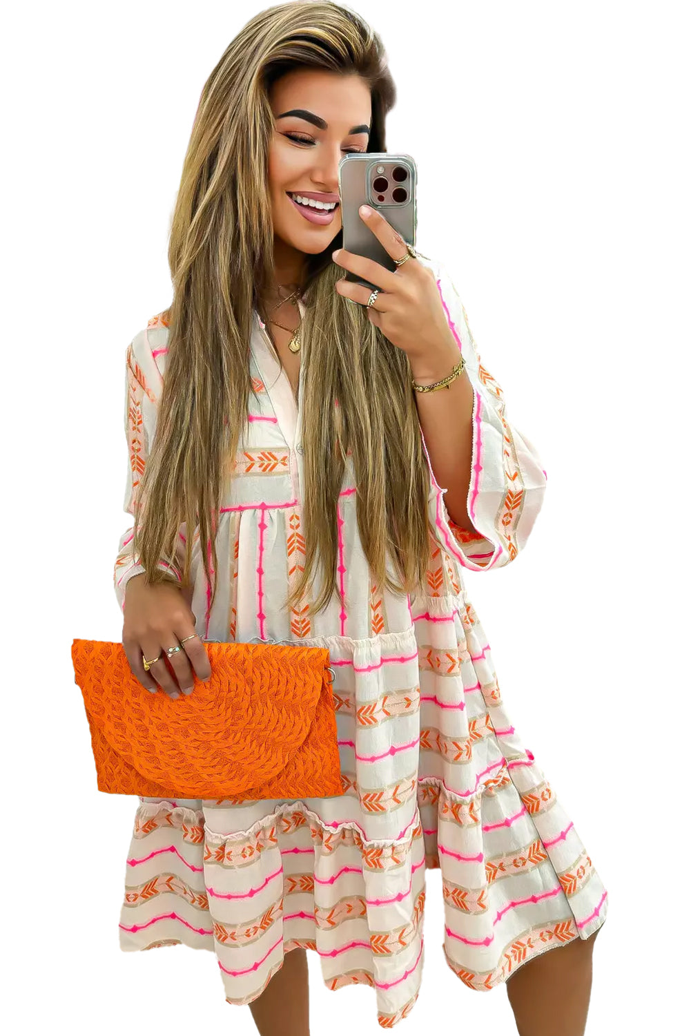 Orange Bohemian Split Neck Bracelet Sleeve Ruffle Mini Dress