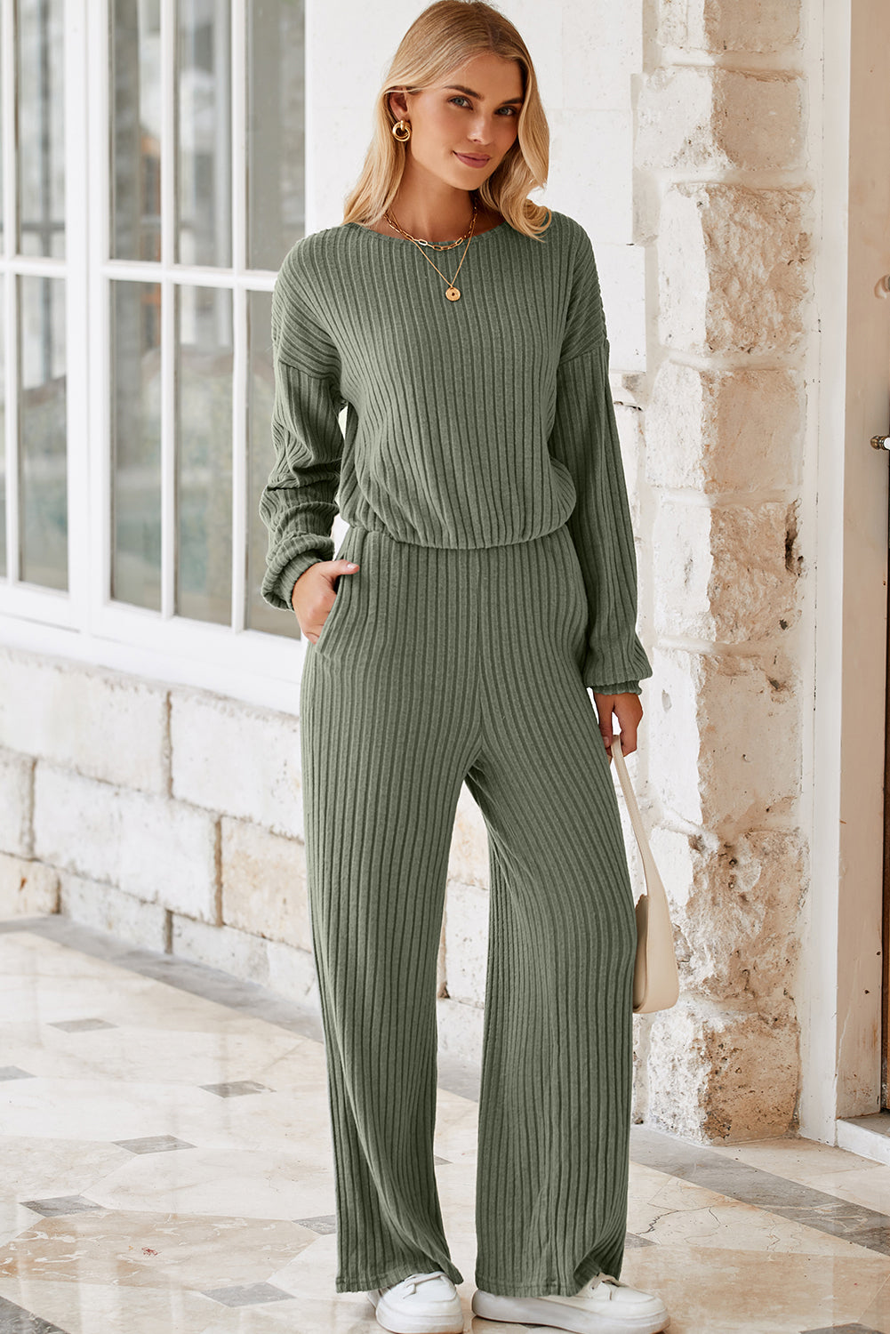 Laurel Green Solid Ribbed Knit Keyhole Back High Waist Jumpsuit