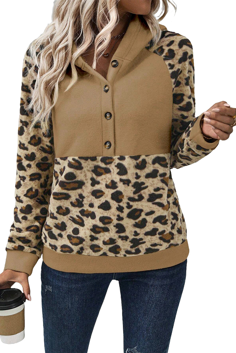 Light Beige Leopard Patchwork Raglan Sleeve Half Buttons Hoodie