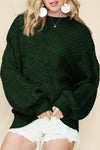 Blackish Green Mock Neck Lantern Sleeve Cable Knit Sweater