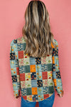 Sky Blue Checkered Floral Patchwork V Neck Blouse