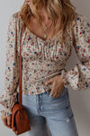 Beige Boho Floral Print Smocked V Neck Peplum Blouse