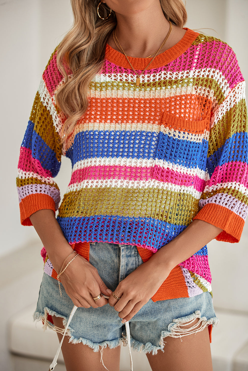 Pink Striped Color Block Hollow Crochet 3/4 Sleeve T Shirt