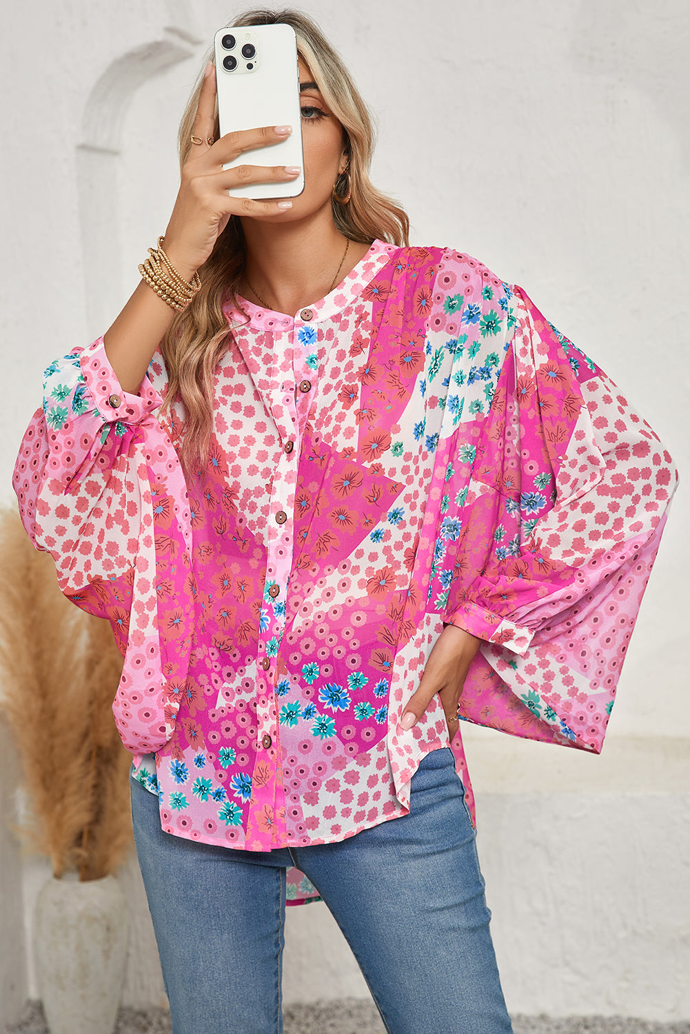 Rose Red Floral Print Dolman Sleeve Blouse