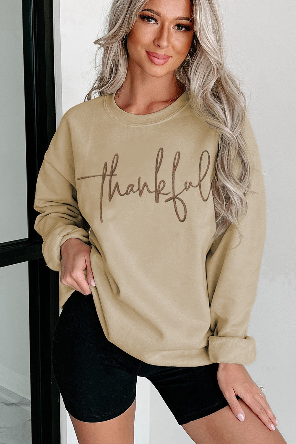 Parchment thankful Embroidered Drop Shoulder Pullover Sweatshirt