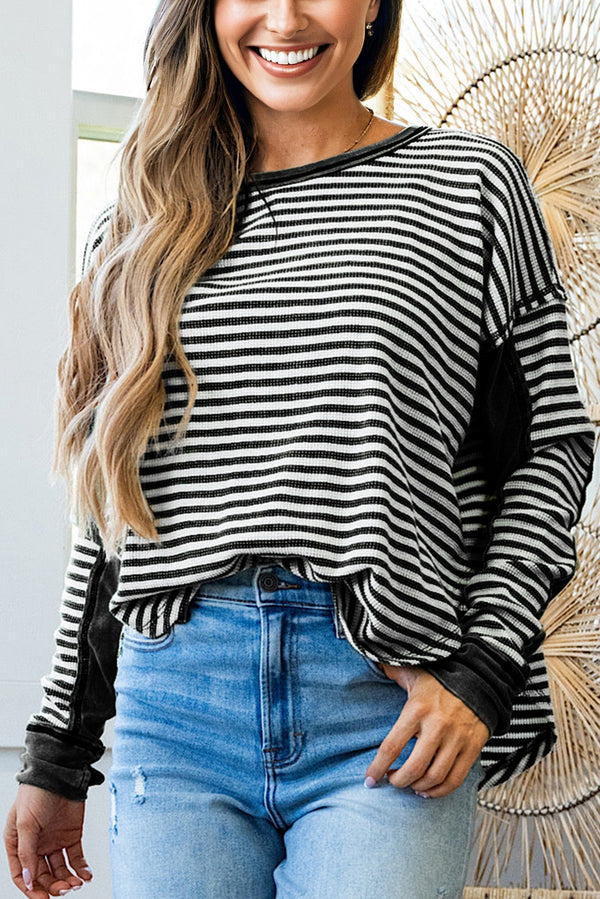 Black Stripe Patchwork Drop Shoulder Round Neck Top