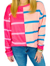 Rose Stripe Color Block Crewneck Long Sleeve Plus Size T Shirt