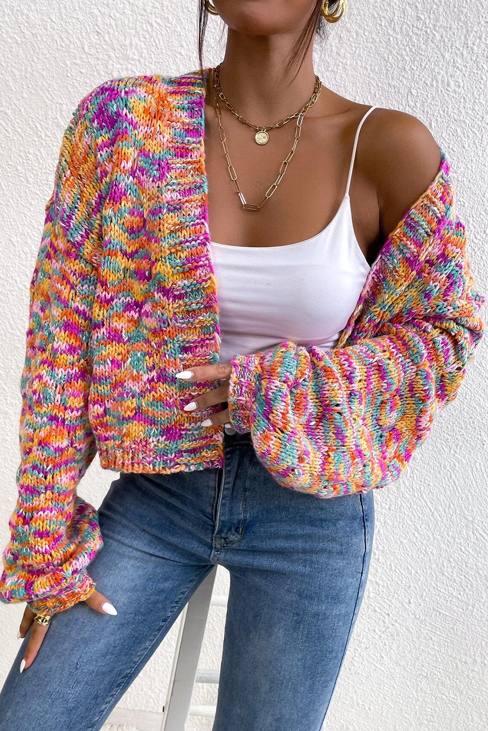 Pink Colorful Drop Shoulder Cropped Cardigan