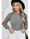 Black Basic Crew Neck Dressy Striped Mesh Long Sleeve Top