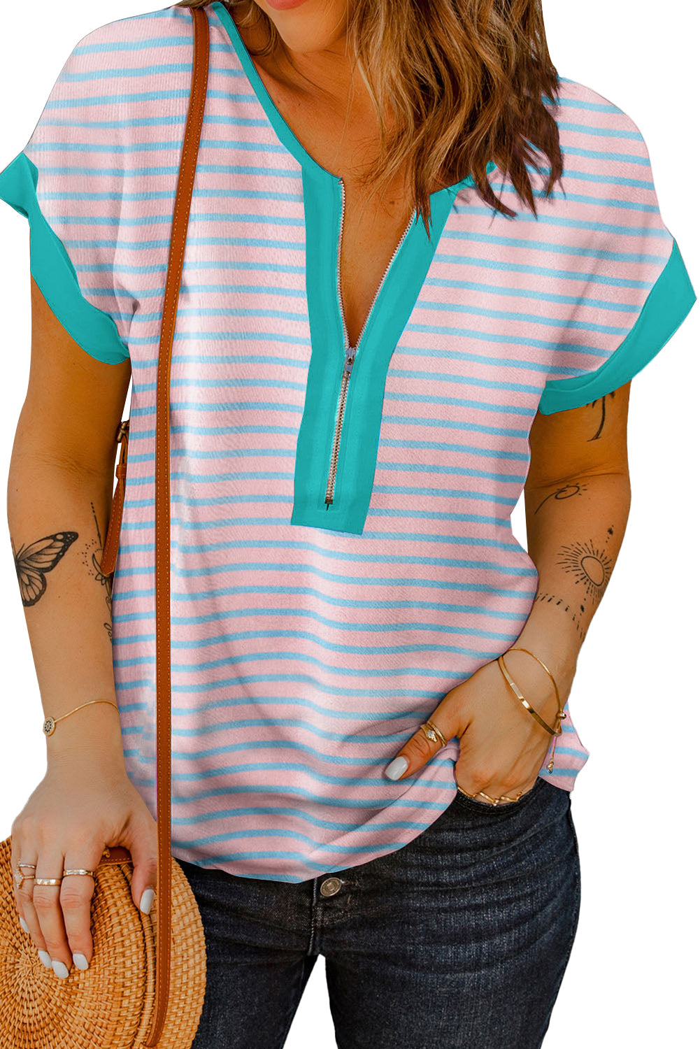 Pink Stripe Contrast Trim Half Zip T Shirt