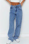 Sky Blue Mid Rise Asymmetrical Waist Wide Leg Jeans