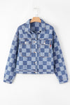 Light Blue Checkered Patchwork Button Up Denim Jacket