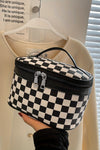 Black Checkered Zipper Large Cosmetic Bag with Handle