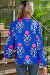 Blue Floral Print Pop Of Color V Neck Puff Sleeve Blouse
