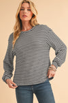 Black Striped Round Neck Drop Shoulder Long Sleeve Top