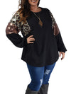 Black Plus Size Leopard Sequin Patchwork Long Sleeve Top