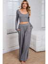 Black Plain Ribbed Crop Top & Wide Leg Pants Two Piece Pants Set