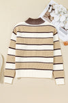 Khaki Striped Colorblock Zip Neck Knit Sweater