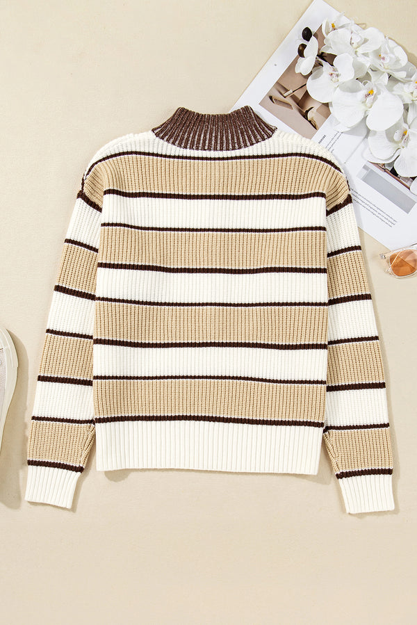 Khaki Striped Colorblock Zip Neck Knit Sweater