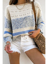 Light Blue Striped Hollow Out Puff Sleeve Sweater