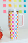 Red 40oz Colorful Checkered Print Handle Vacuum Tumbler Cup