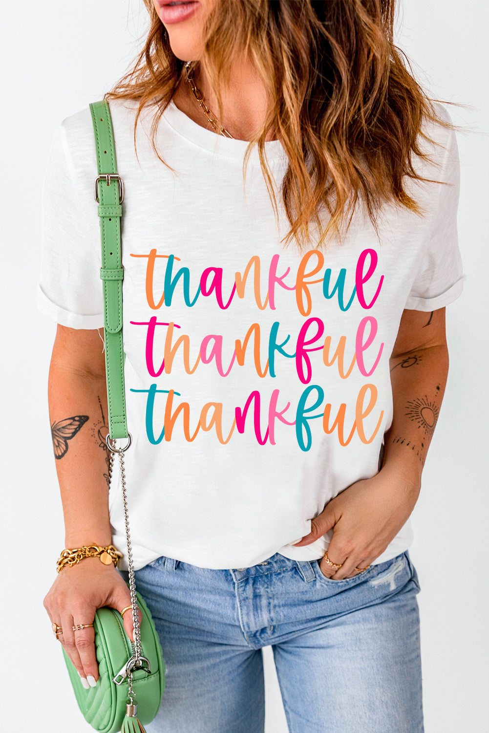 White Colorful Thankful Print Thanksgiving Graphic T-Shirt