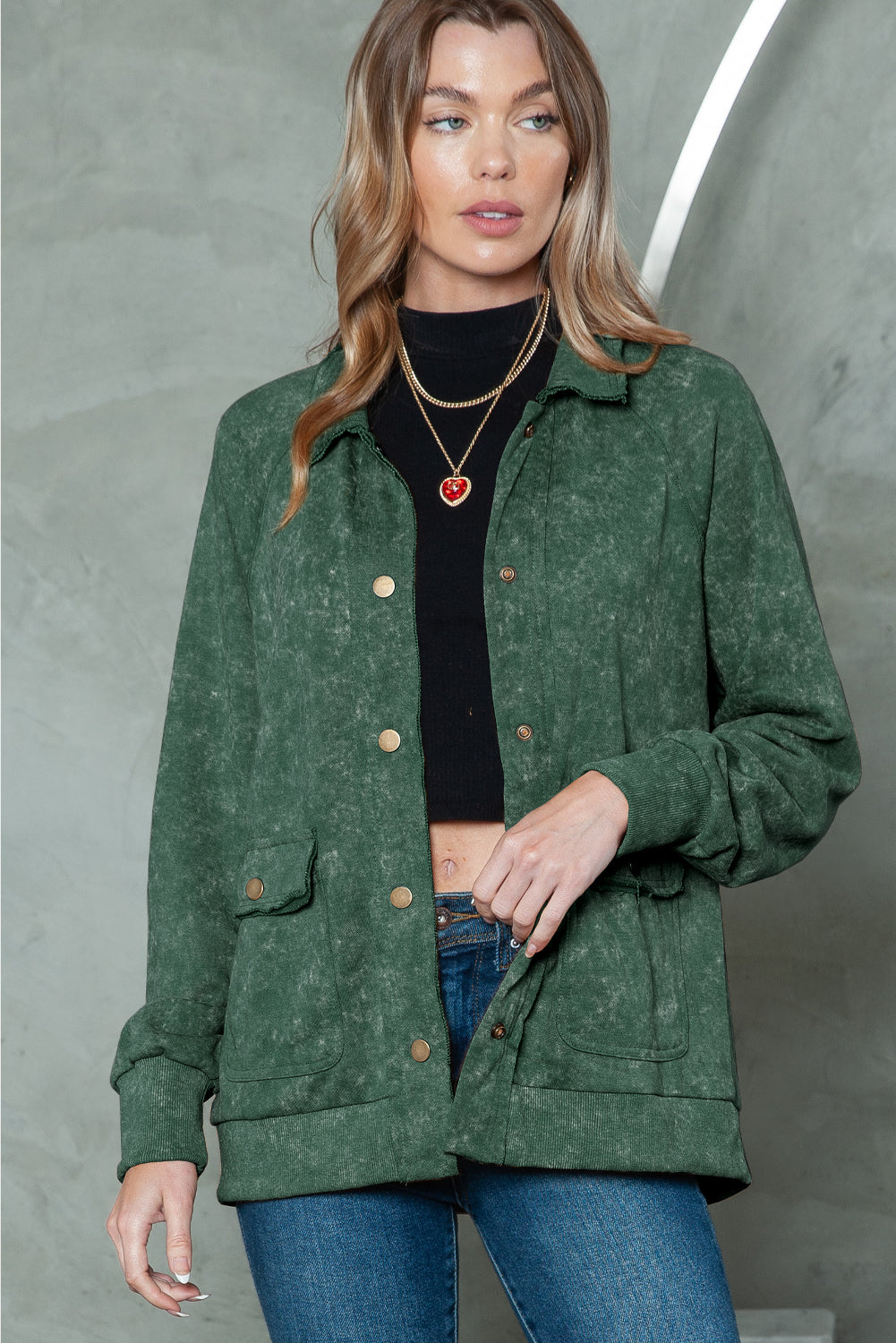 Green Snap Button Casual Flap Pockets Collared Jacket