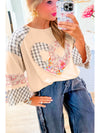 Aqua Plaid Floral Patchwork Heart Long Sleeve Top