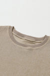 Khaki Solid Ribbed Round Neck Pullover Sweatshirt