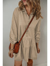 Tan Puff Sleeve Buttoned Tiered Pleated Mini Shirt Dress