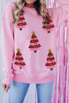 Pink Sequins Christmas Tree Round Neck Sweatshirt