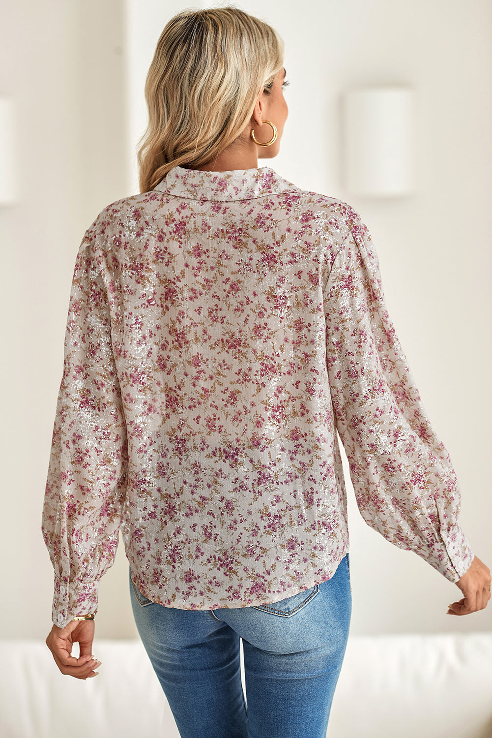 Pink Ditsy Floral Print Bishop Sleeve Collared V Neck Shirt