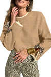 Tan Leopard Bow Decor Split Cuffs Contrast Trim Sweater