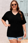 Black Twist Corded V-Neck Plain Plus T-Shirt
