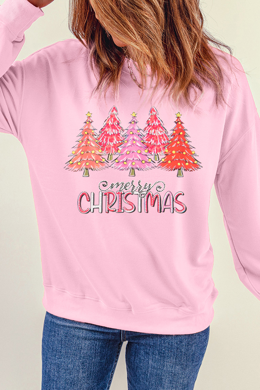 Pink Merry Christmas Tree Graphic Sweatshirt