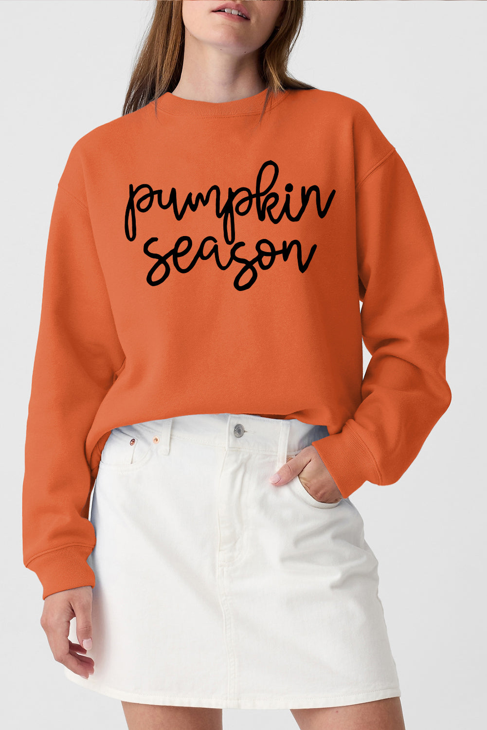 Russet Orange Glittering Pumpkin Season Graphic Drop Shoulder Pullover Sweatshirt