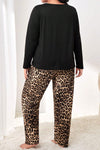 Black Leopard Patched Pocket Long Sleeve Top Plus Size Pajama Set