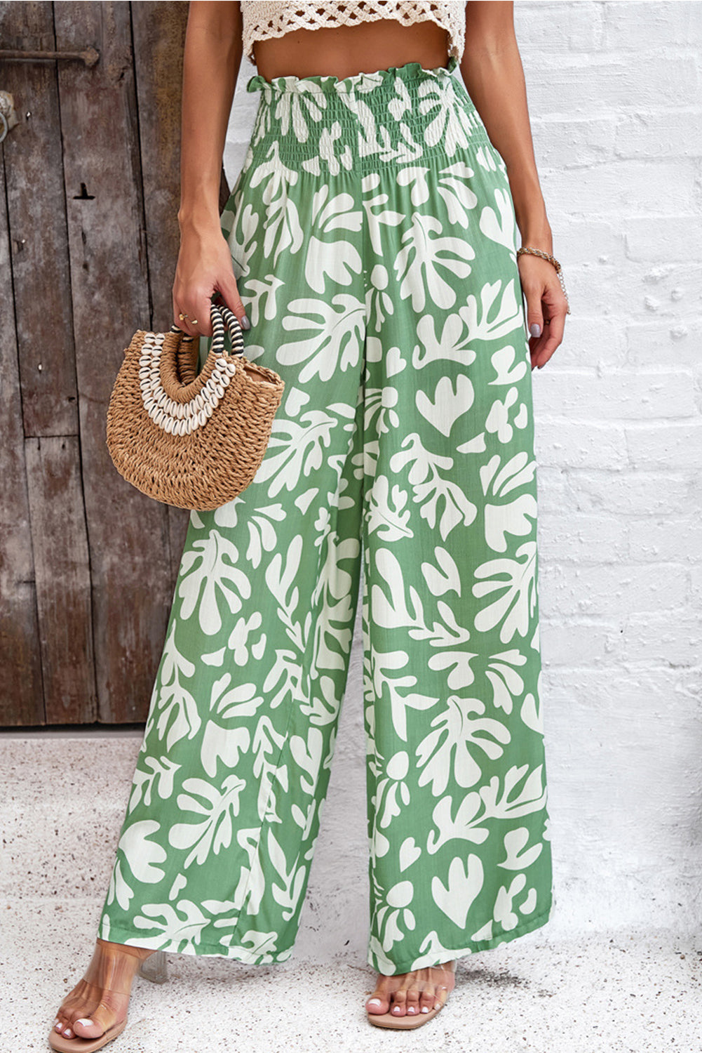 Green Boho Floral Print Frill Elastic Waist Pants